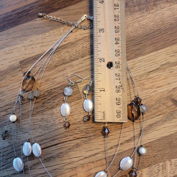 Beaded Necklace & Earring Set w Silver, White, and Amber Colors - Picture 10 of 13